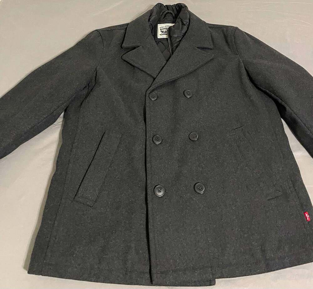 Levi’s Mens L Double Breasted Wool Blend Peacoat Jacket Gray Puffer Bib LM0JP370